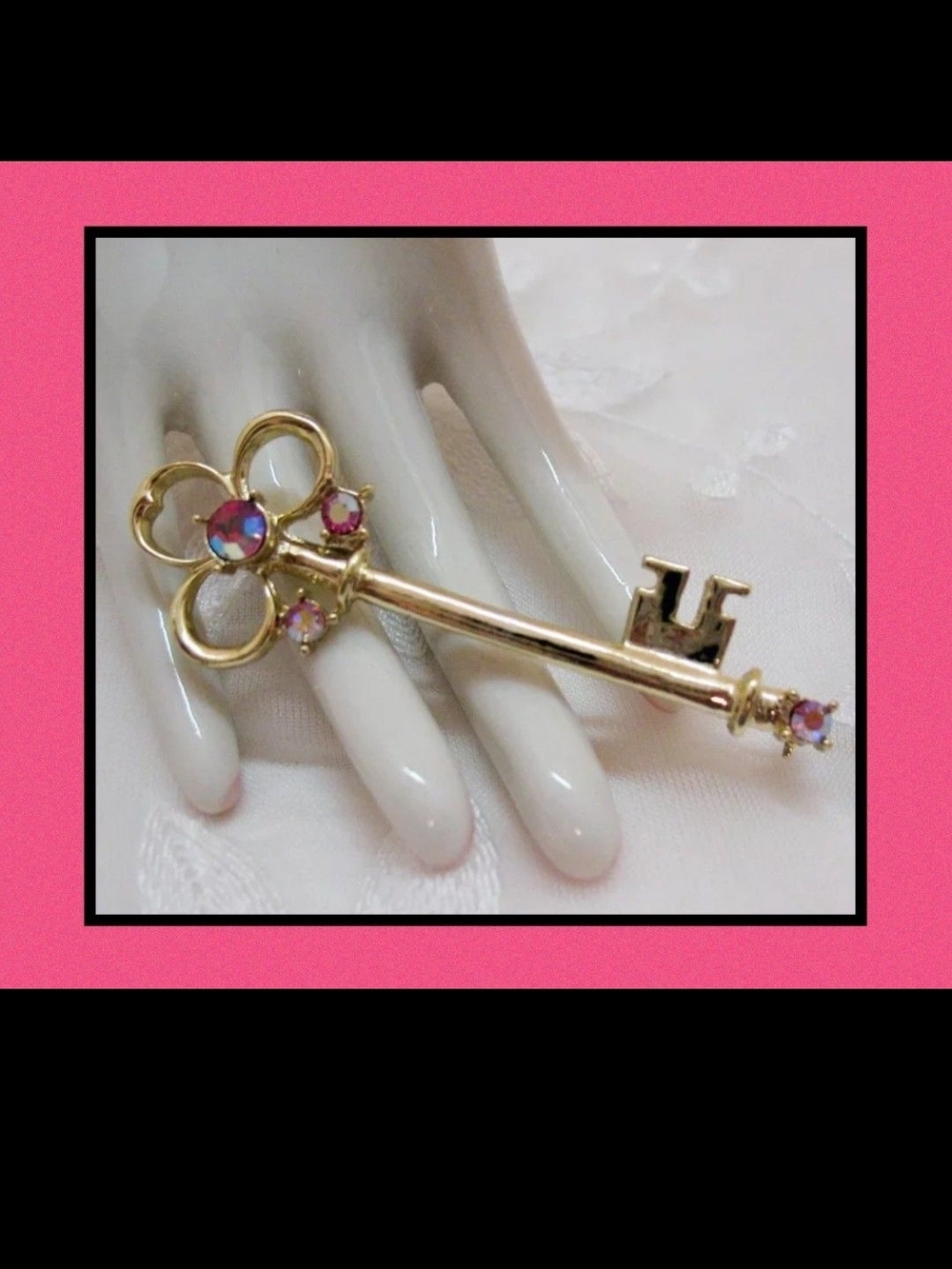 Judy Lee Designer Signed Gold Key Aurora Borealis Victorian Brooch VTG 1950s